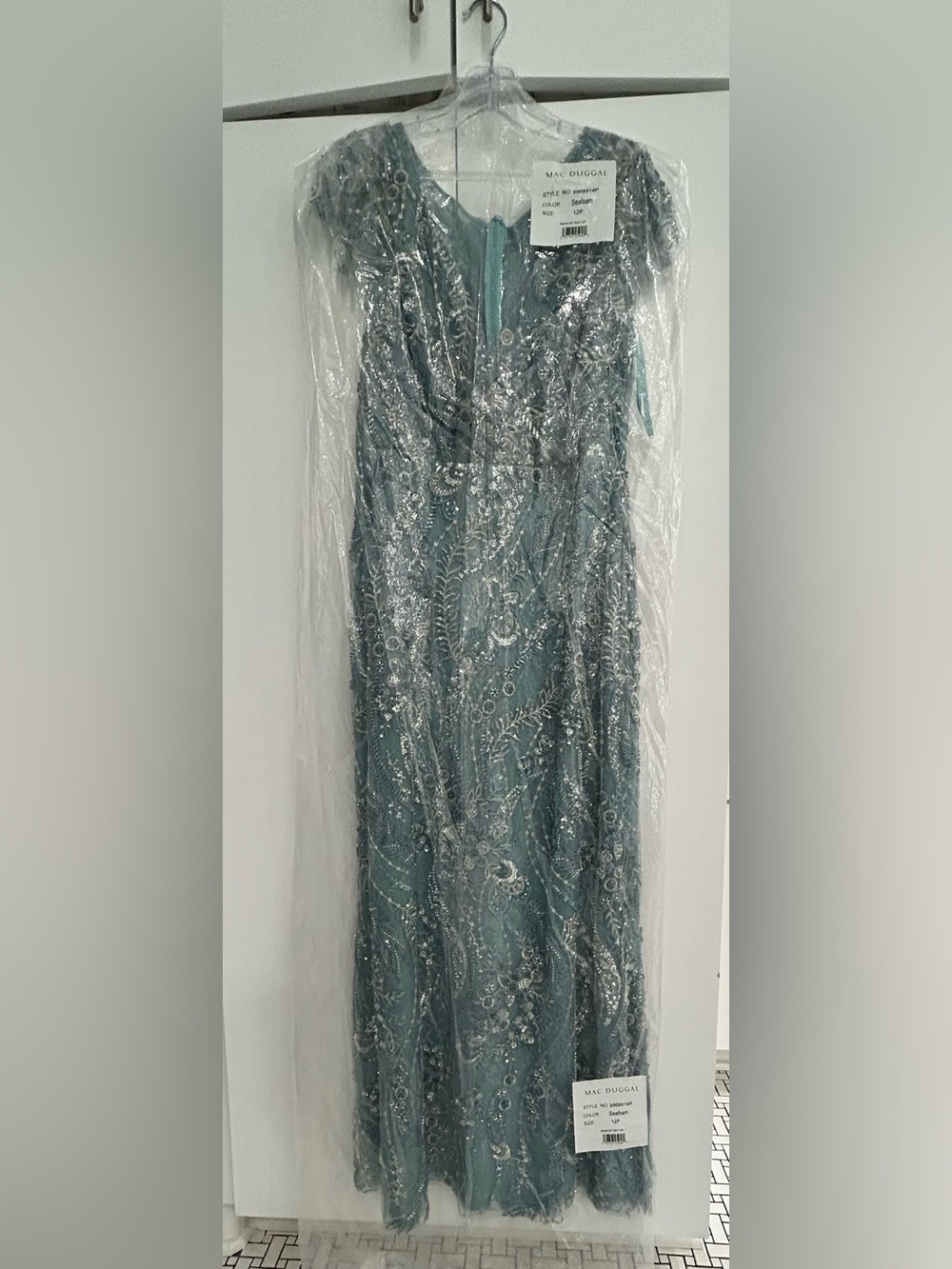 Mac Duggal Seafoam Beaded Gown with Blue and Silver Detail